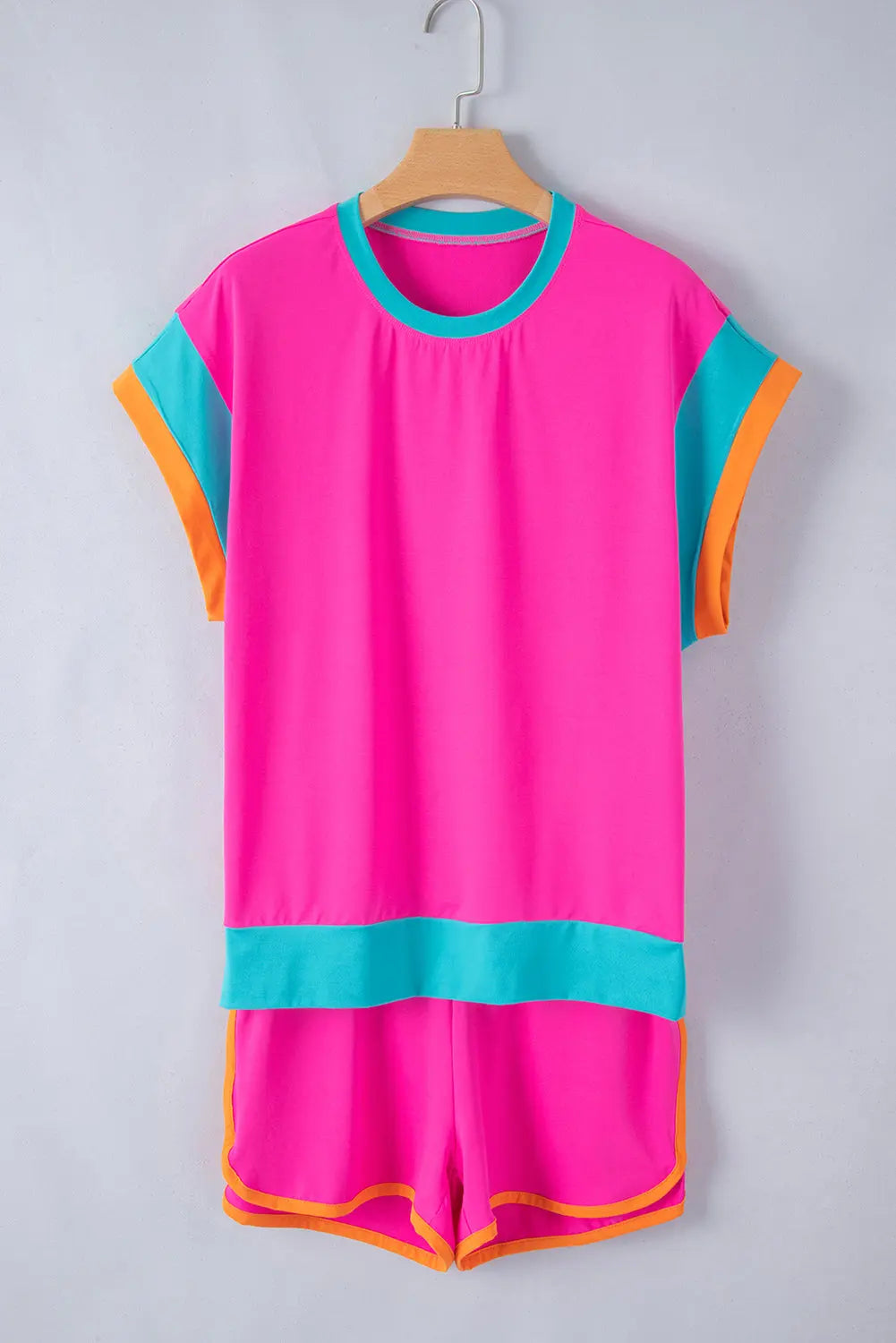 Colour Block Loose Fit Top & Elastic Waist Shorts Set - eAura