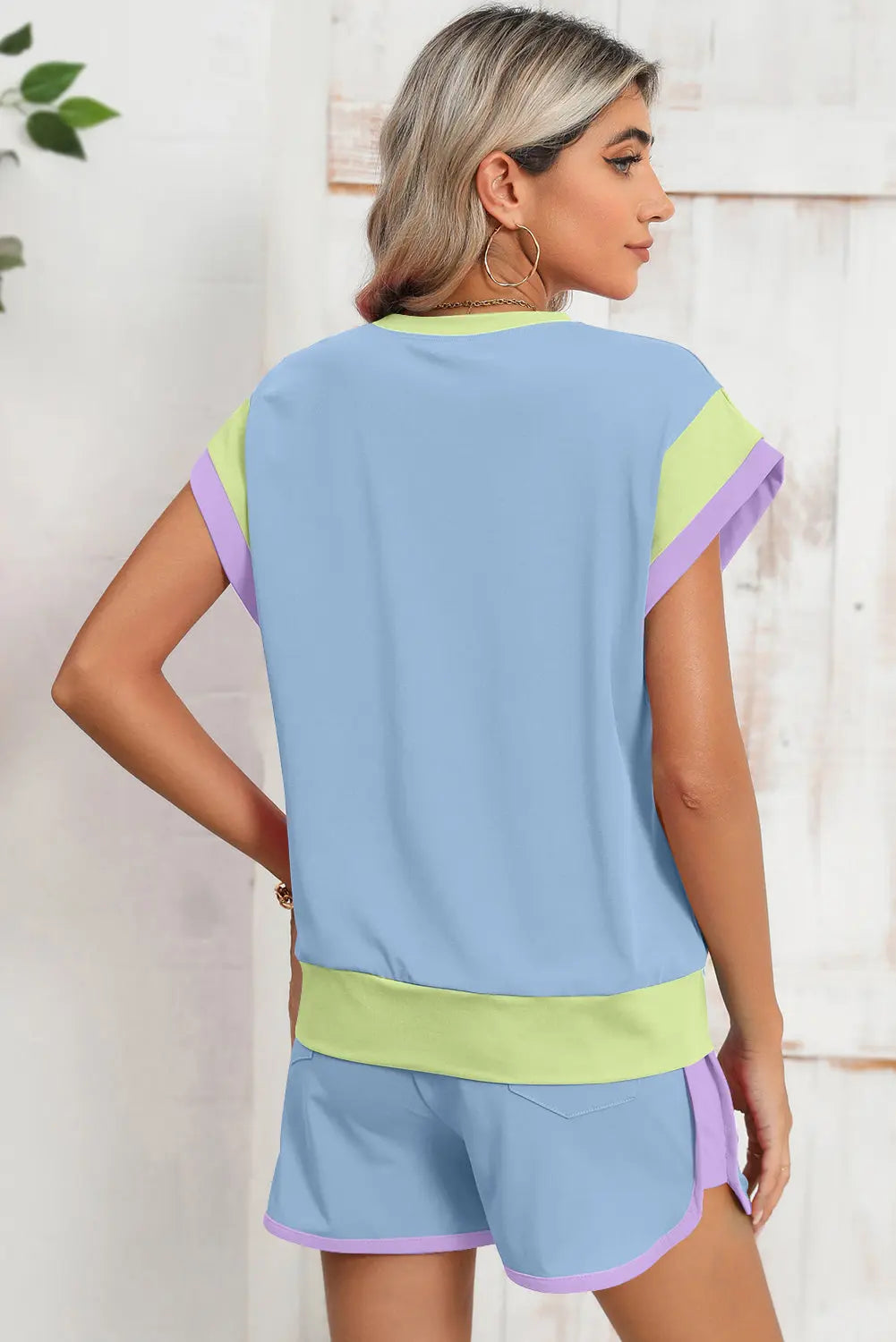 Colour Block Loose Fit Top & Elastic Waist Shorts Set - eAura