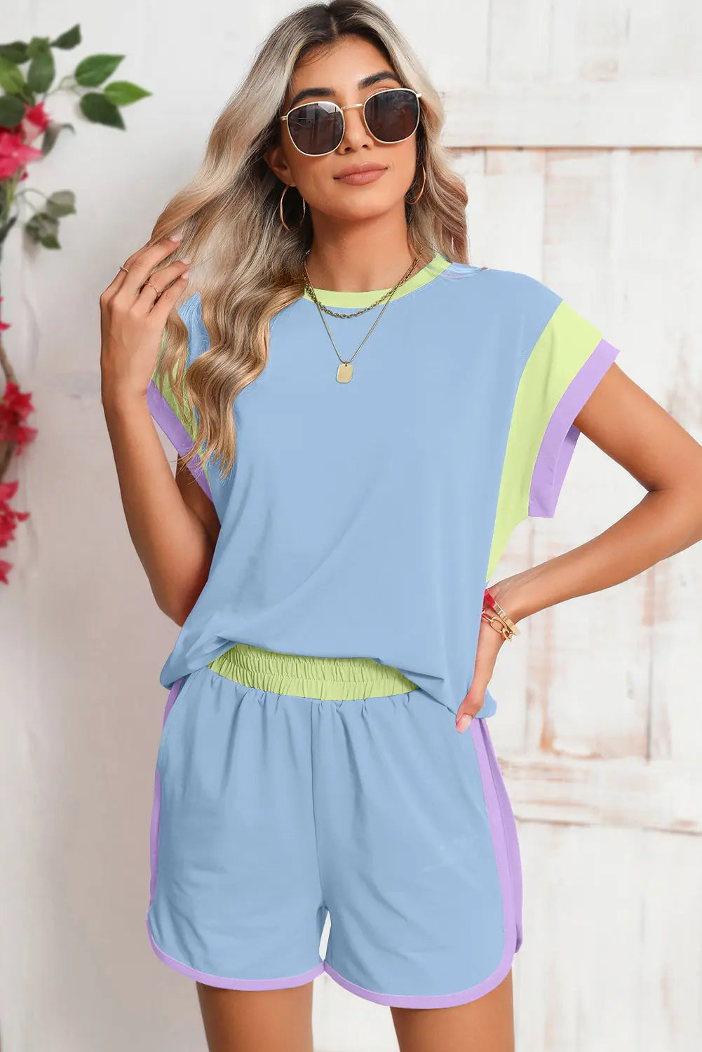 Colour Block Loose Fit Top & Elastic Waist Shorts Set - eAura