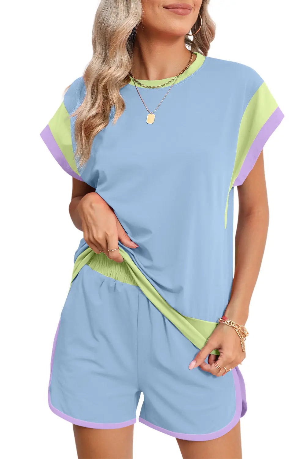 Colour Block Loose Fit Top & Elastic Waist Shorts Set - eAura