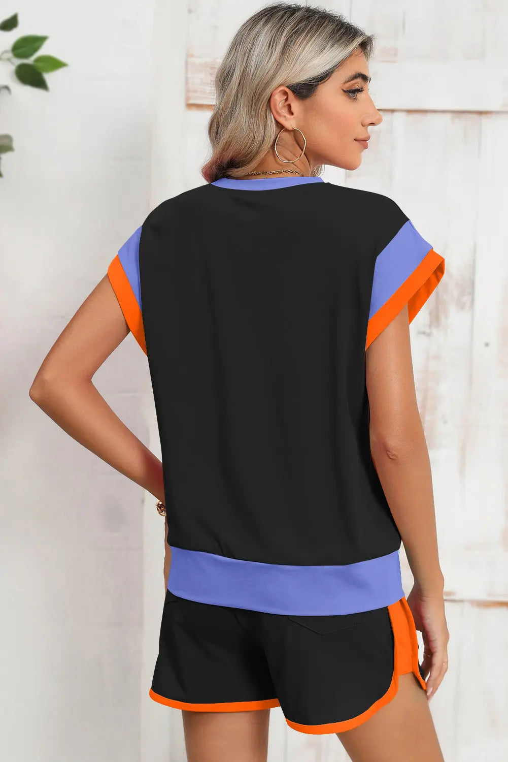 Colour Block Loose Fit Top & Elastic Waist Shorts Set - eAura