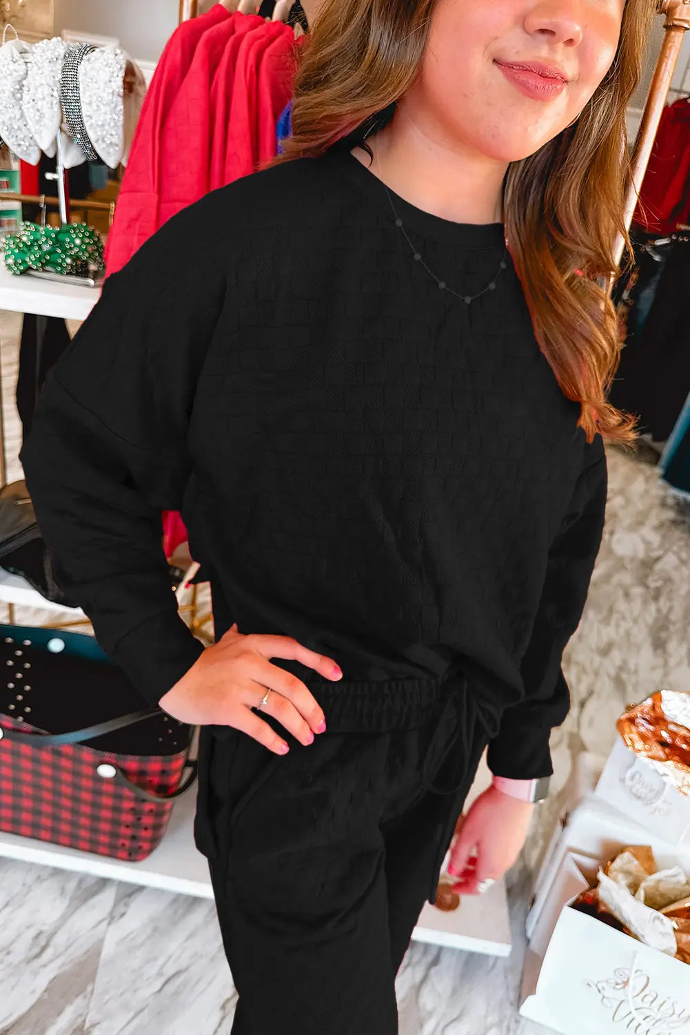 Colour black Checkered Textured Split Pullover Top and Trousers Set Beagle Boutique Fashion Outlet