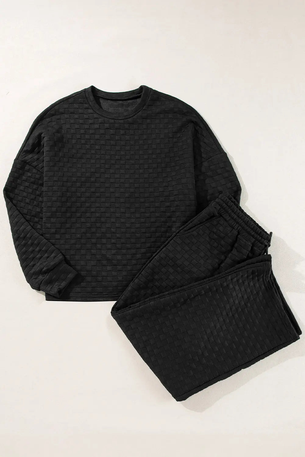 Colour black Checkered Textured Split Pullover Top and Trousers Set Beagle Boutique Fashion Outlet
