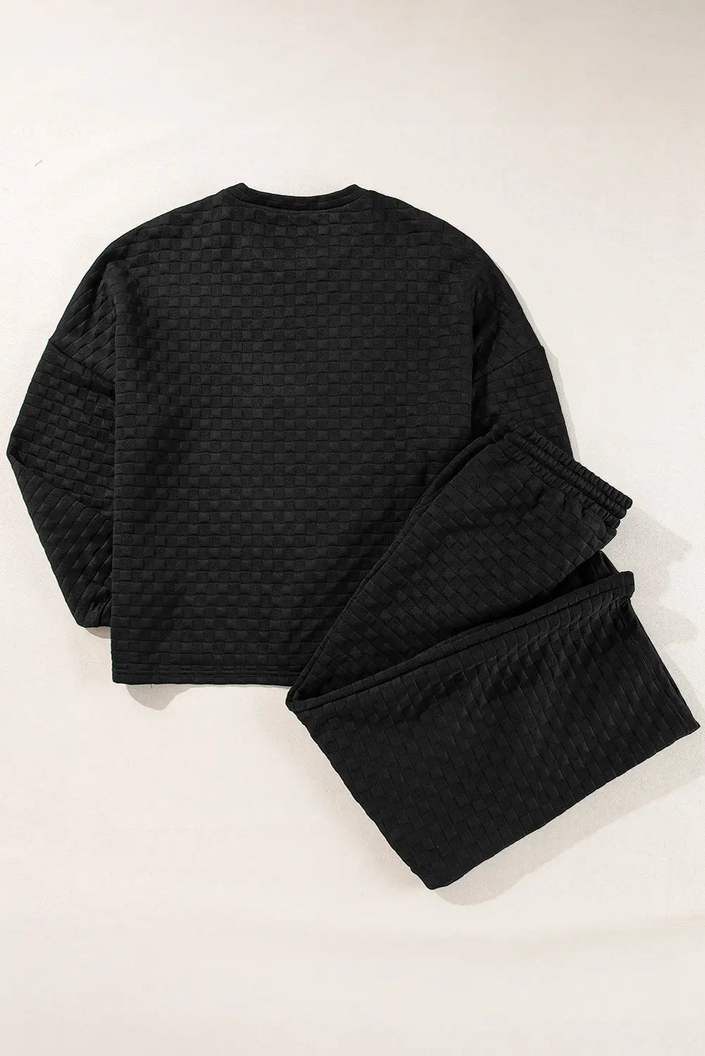 Colour black Checkered Textured Split Pullover Top and Trousers Set Beagle Boutique Fashion Outlet