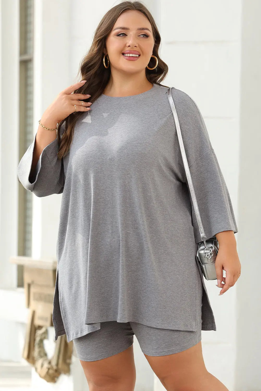 Colour black Solid Colour Loose Tunic Top and Slim Shorts Set Beagle Boutique Fashion Outlet