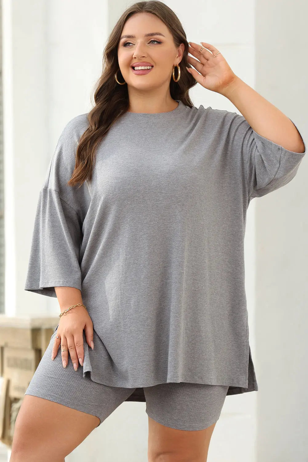 Colour black Solid Colour Loose Tunic Top and Slim Shorts Set Beagle Boutique Fashion Outlet