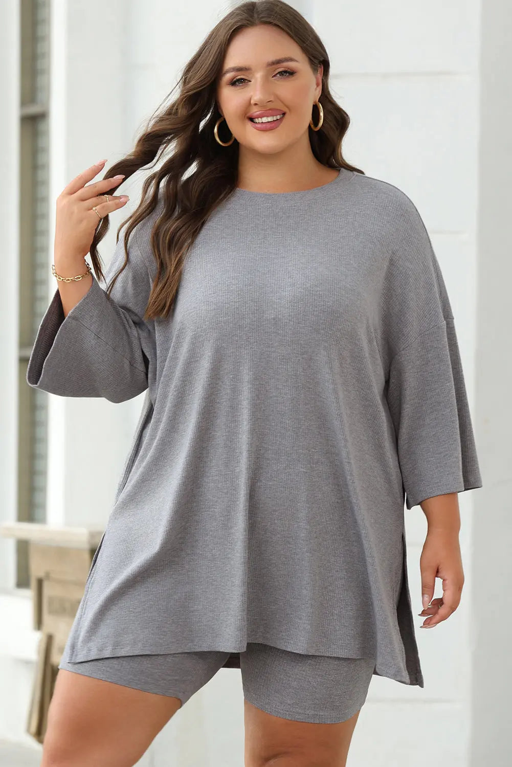Colour black Solid Colour Loose Tunic Top and Slim Shorts Set Beagle Boutique Fashion Outlet