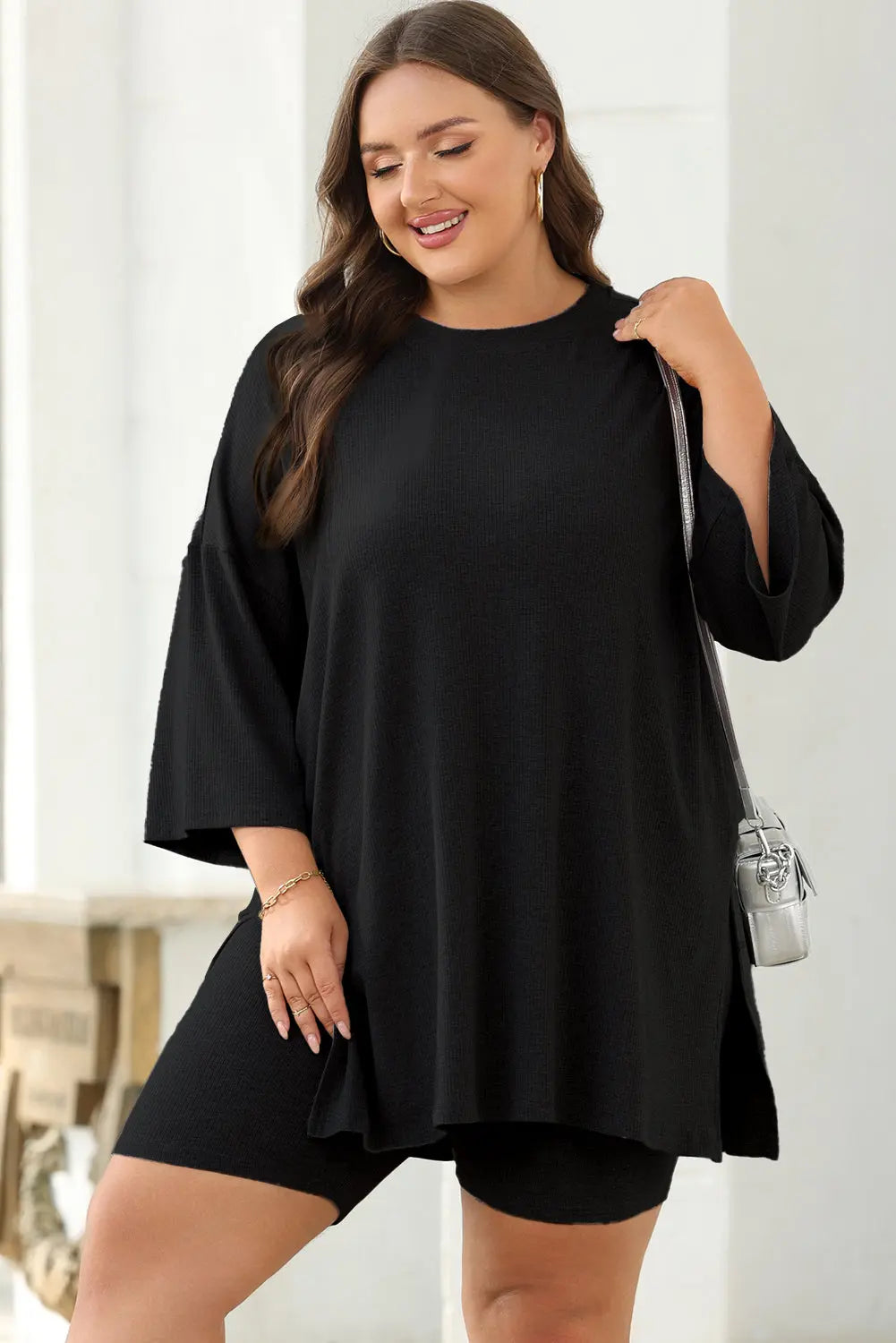 Colour black Solid Colour Loose Tunic Top and Slim Shorts Set Beagle Boutique Fashion Outlet