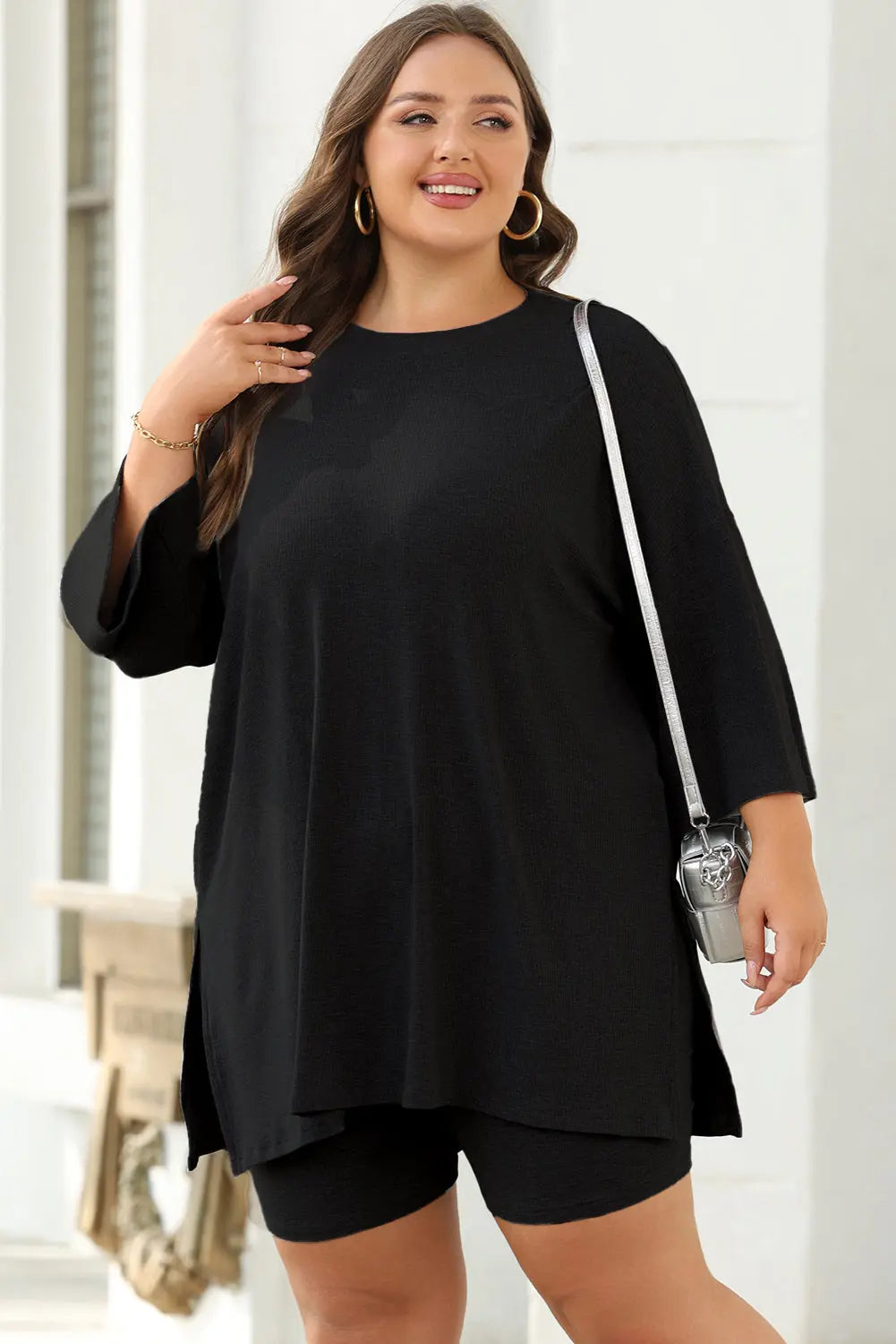 Colour black Solid Colour Loose Tunic Top and Slim Shorts Set Beagle Boutique Fashion Outlet