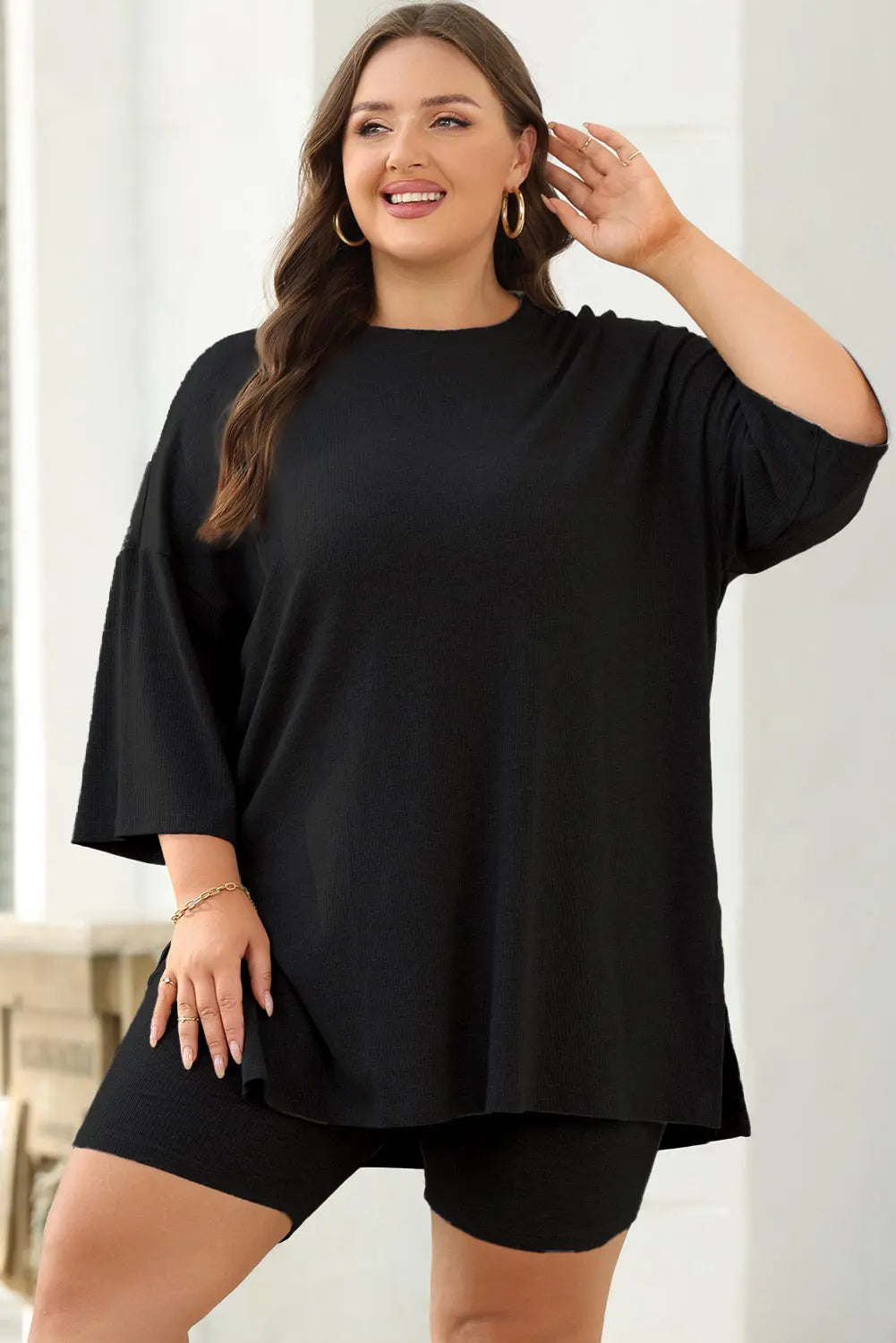 Colour black Solid Colour Loose Tunic Top and Slim Shorts Set Beagle Boutique Fashion Outlet