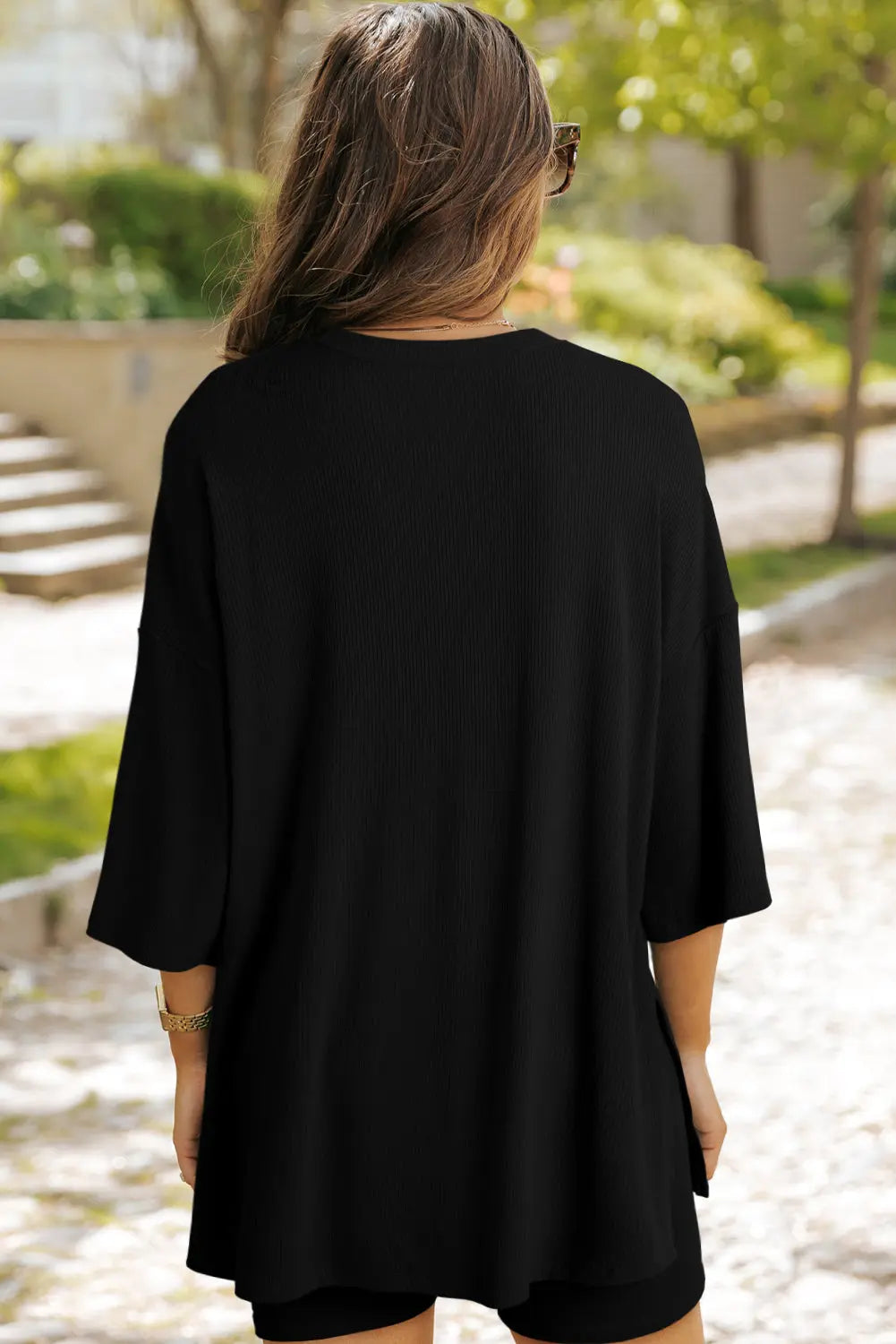 Colour black Solid Colour Loose Tunic Top and Slim Shorts Set Beagle Boutique Fashion Outlet