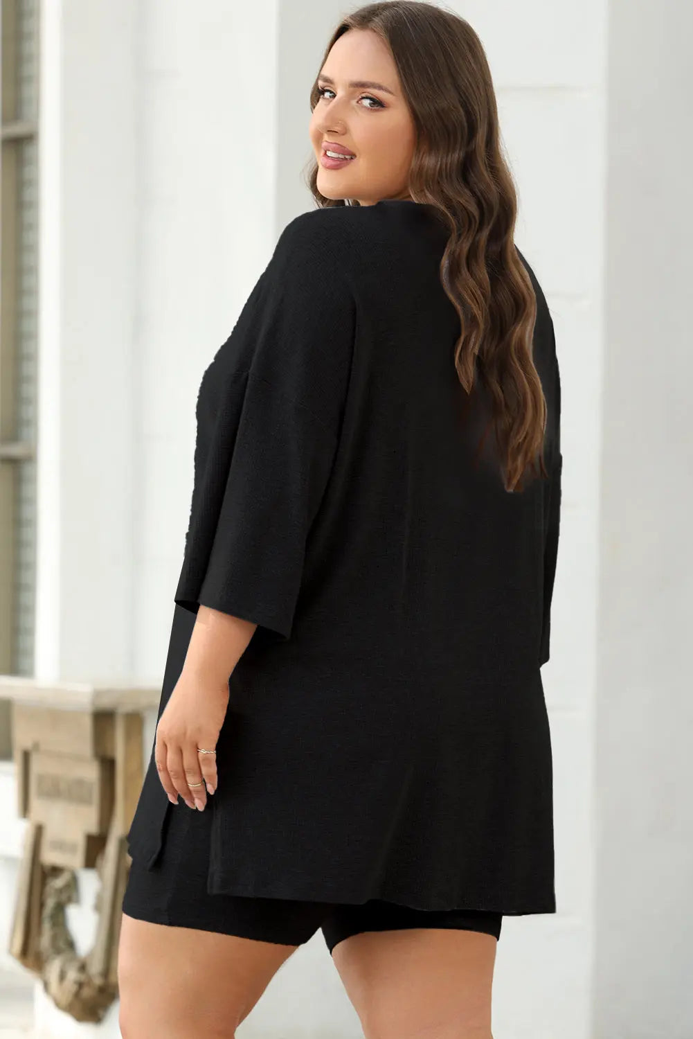 Colour black Solid Colour Loose Tunic Top and Slim Shorts Set Beagle Boutique Fashion Outlet