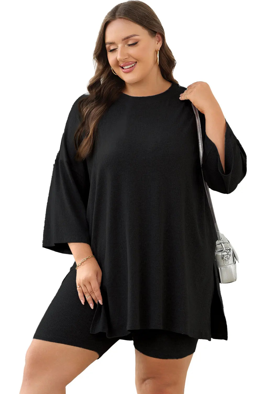 Colour black Solid Colour Loose Tunic Top and Slim Shorts Set Beagle Boutique Fashion Outlet