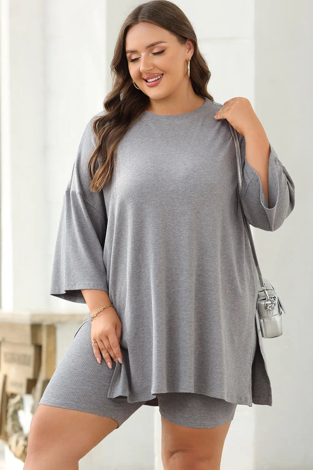 Colour black Solid Colour Loose Tunic Top and Slim Shorts Set Beagle Boutique Fashion Outlet