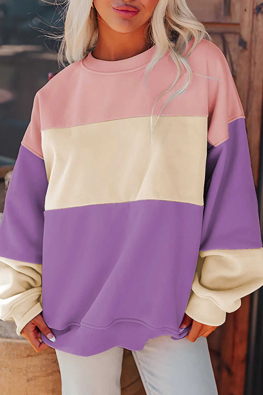 Meadow Mauve Colourblock Patchwork Drop Shoulder Sweatshirt - BB Fashion Outlet