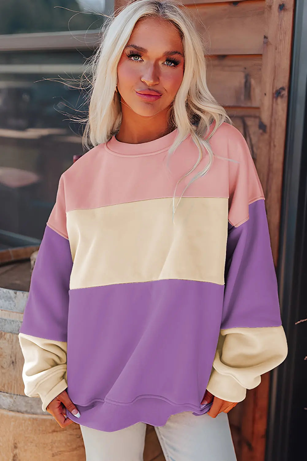 Meadow Mauve Colourblock Patchwork Drop Shoulder Sweatshirt - BB Fashion Outlet