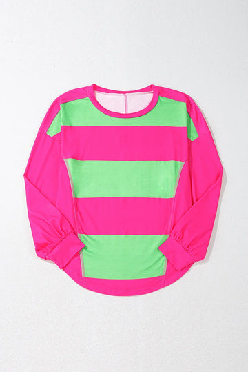 Light Green Colorblock Striped Drop Shoulder Loose Top - Tops/Long Sleeve Tops