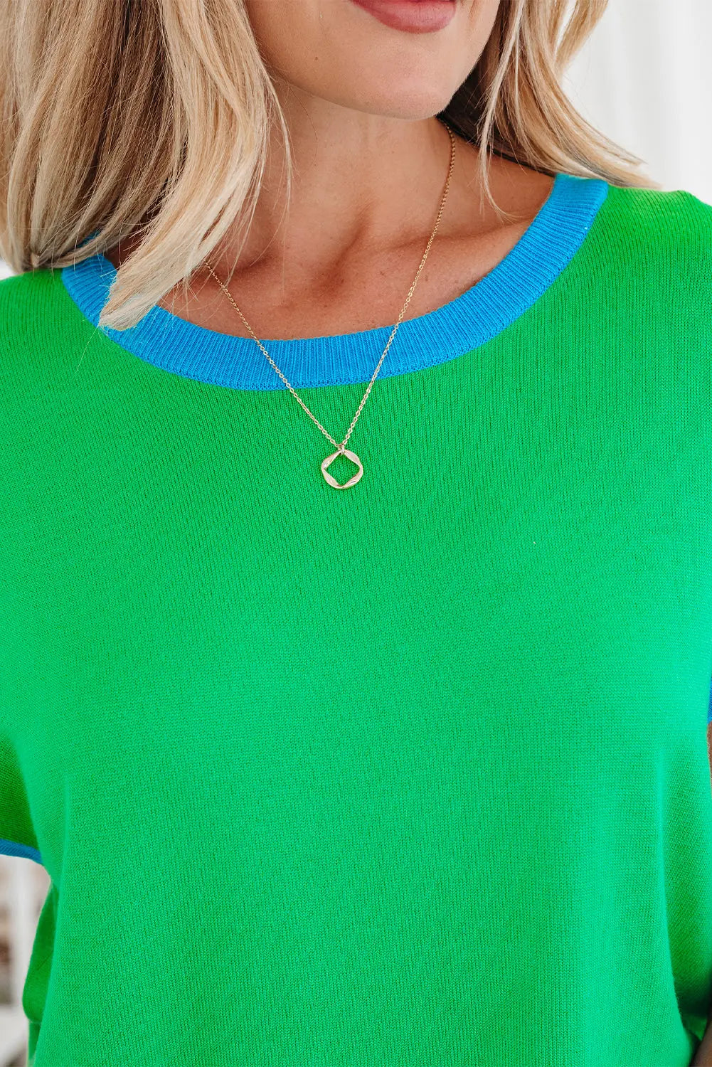 Contrast Trim Round Neck Short Sleeve Loose Knit Sweater - eAura