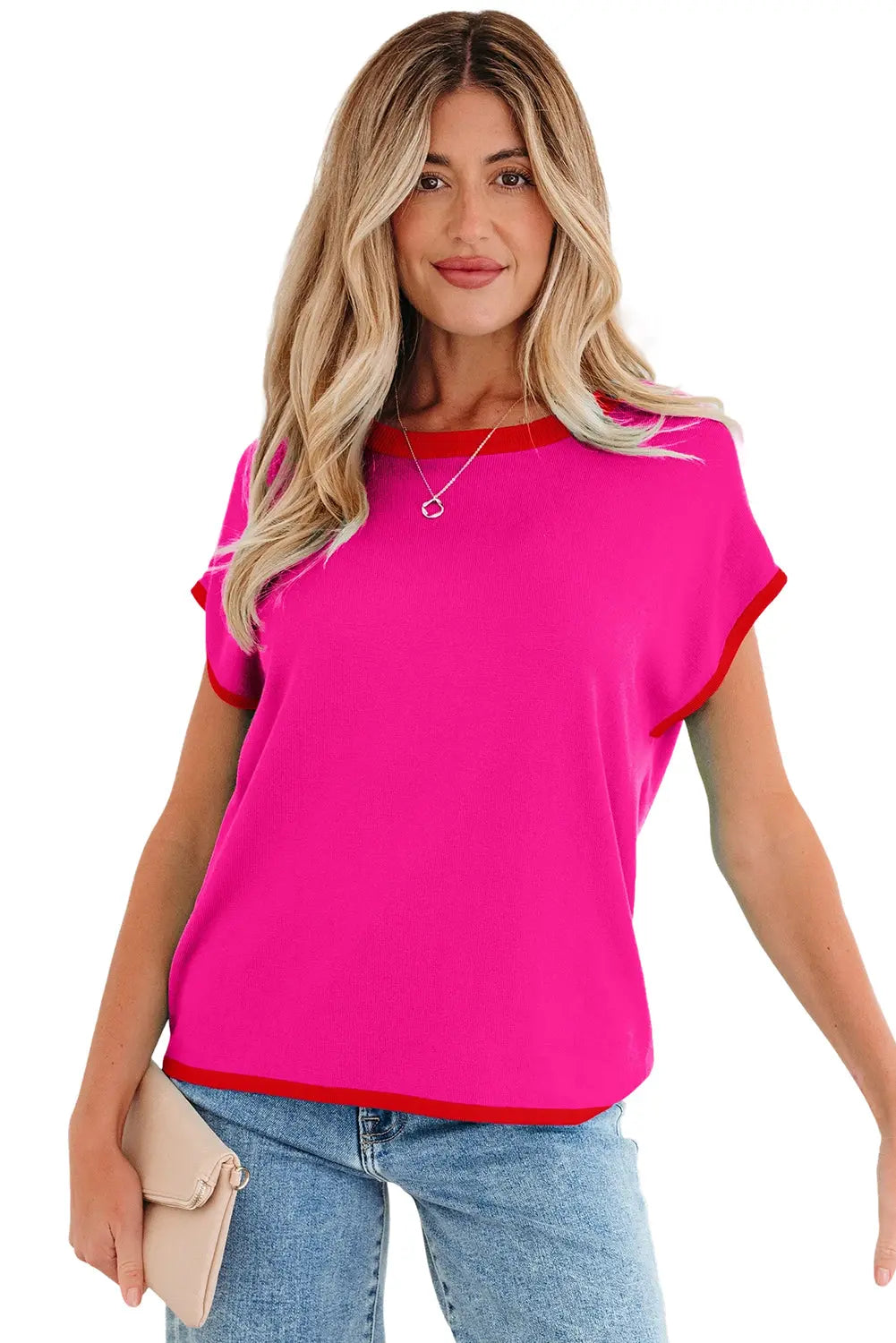 Contrast Trim Round Neck Short Sleeve Loose Knit Sweater - eAura