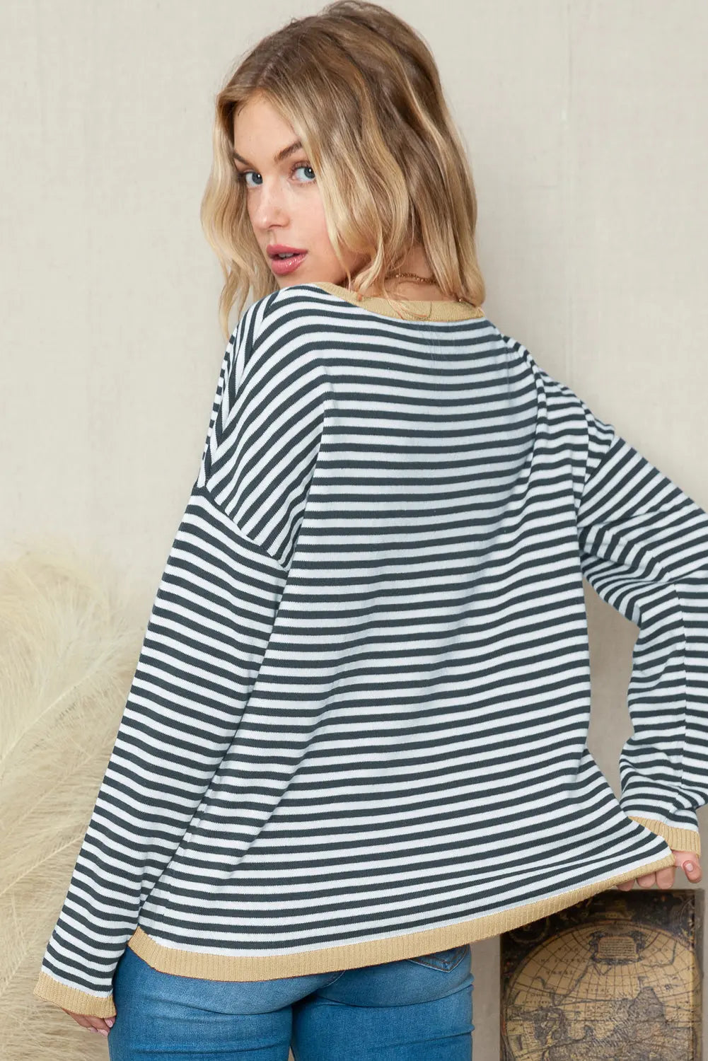 Contrast Trimmed Striped Drop Shoulder Sweater - eAura