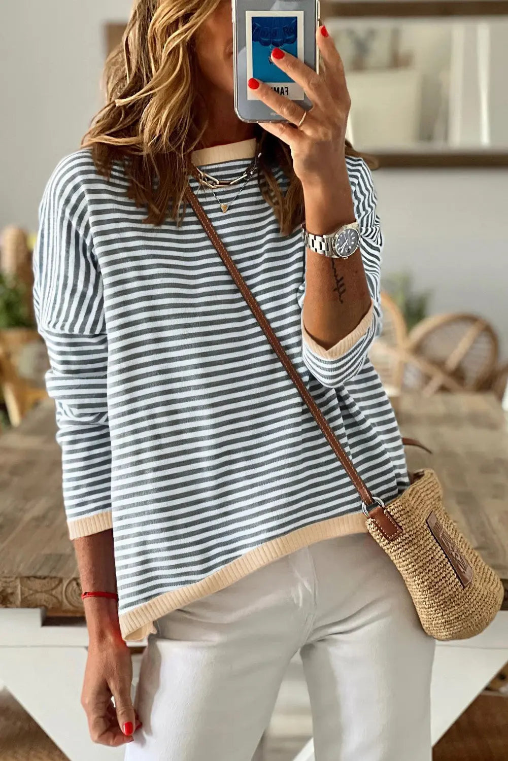 Contrast Trimmed Striped Drop Shoulder Sweater - eAura