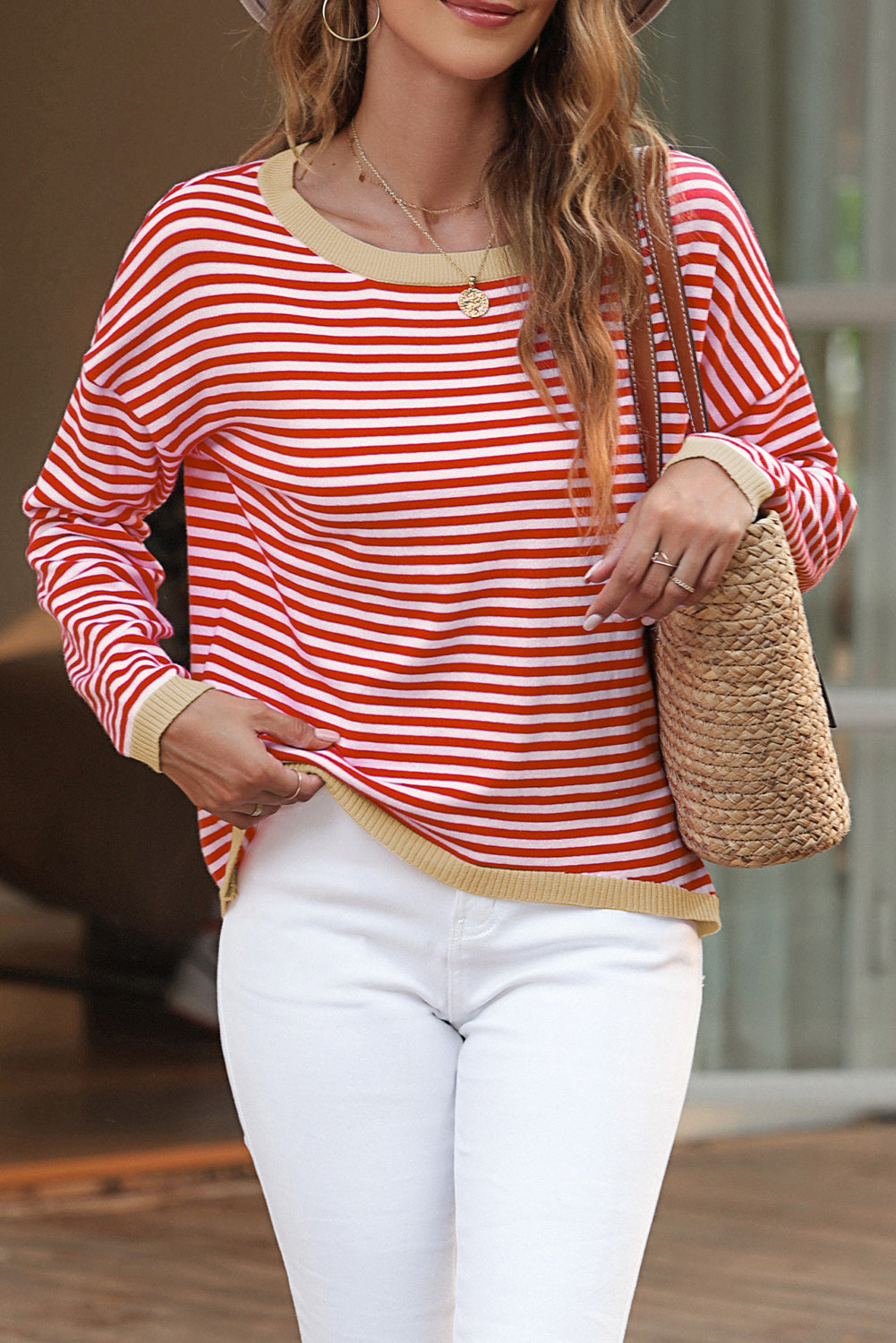 Contrast Trimmed Striped Drop Shoulder Sweater - Red / S - Sweaters & Cardigans/Sweaters