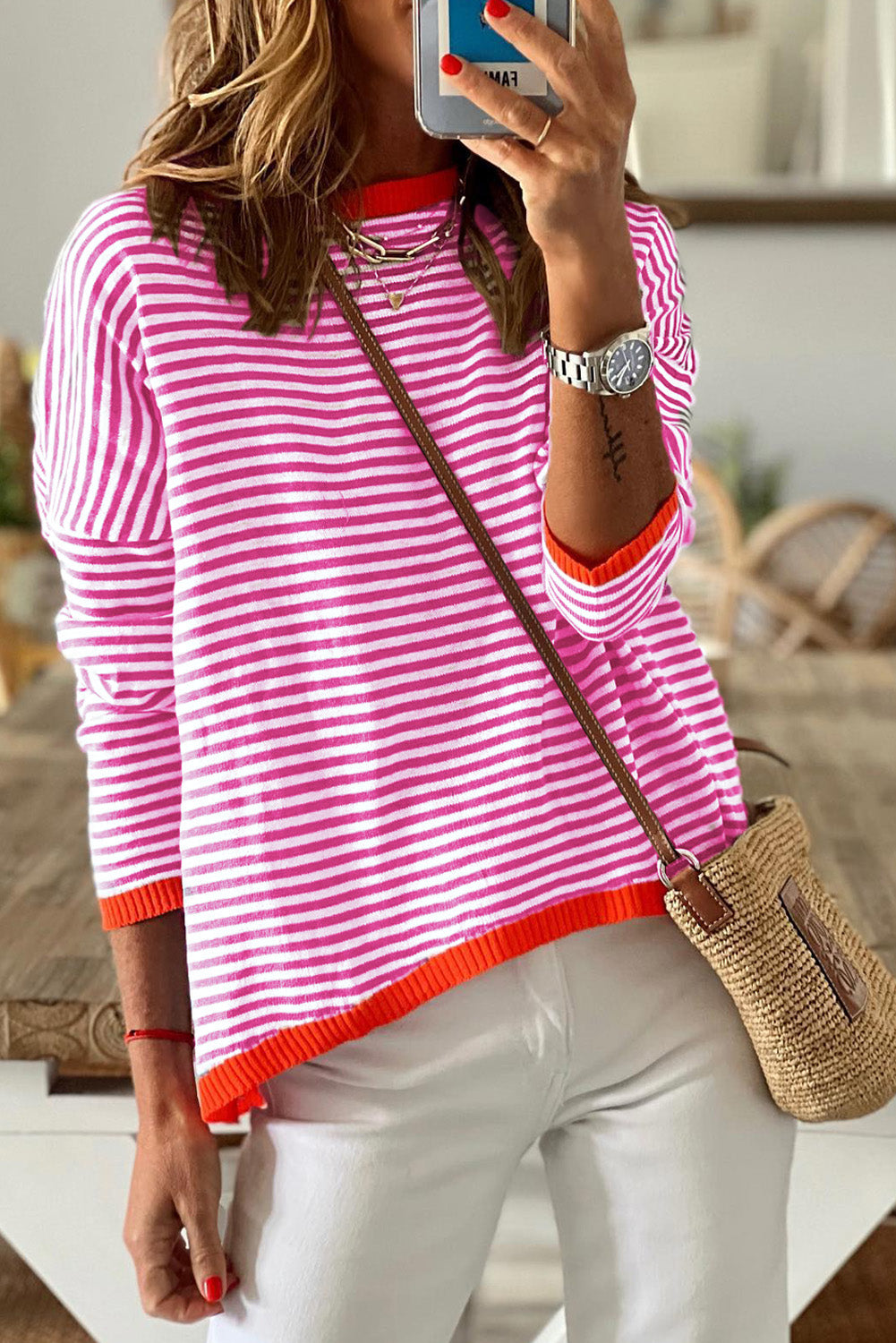 Contrast Trimmed Striped Drop Shoulder Sweater - Pink / S - Sweaters & Cardigans/Sweaters