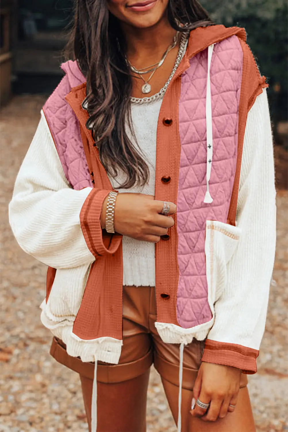 Coral Quilted Textured Patchwork Loose Fit Hooded Jacket - eAura