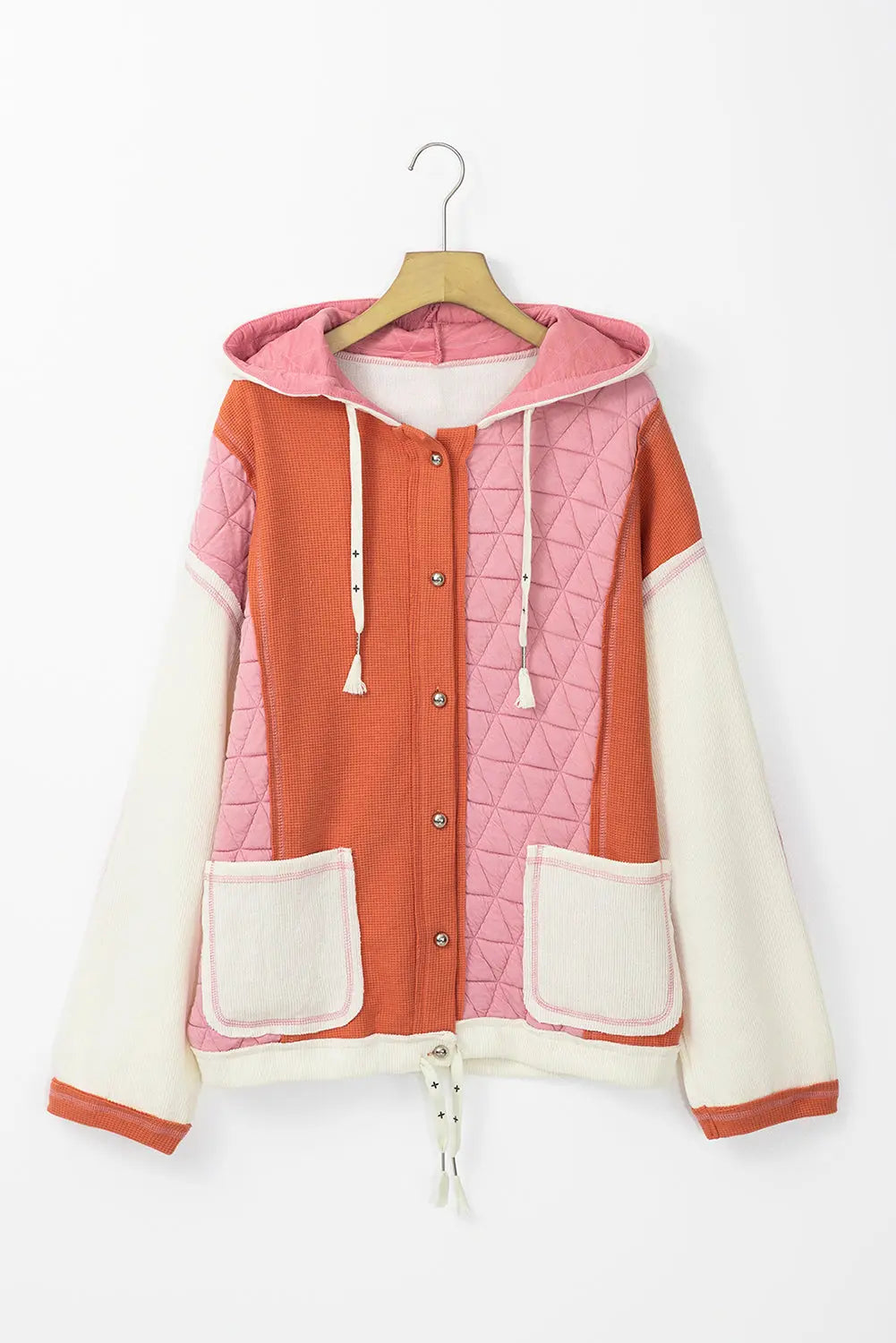 Coral Quilted Textured Patchwork Loose Fit Hooded Jacket - eAura