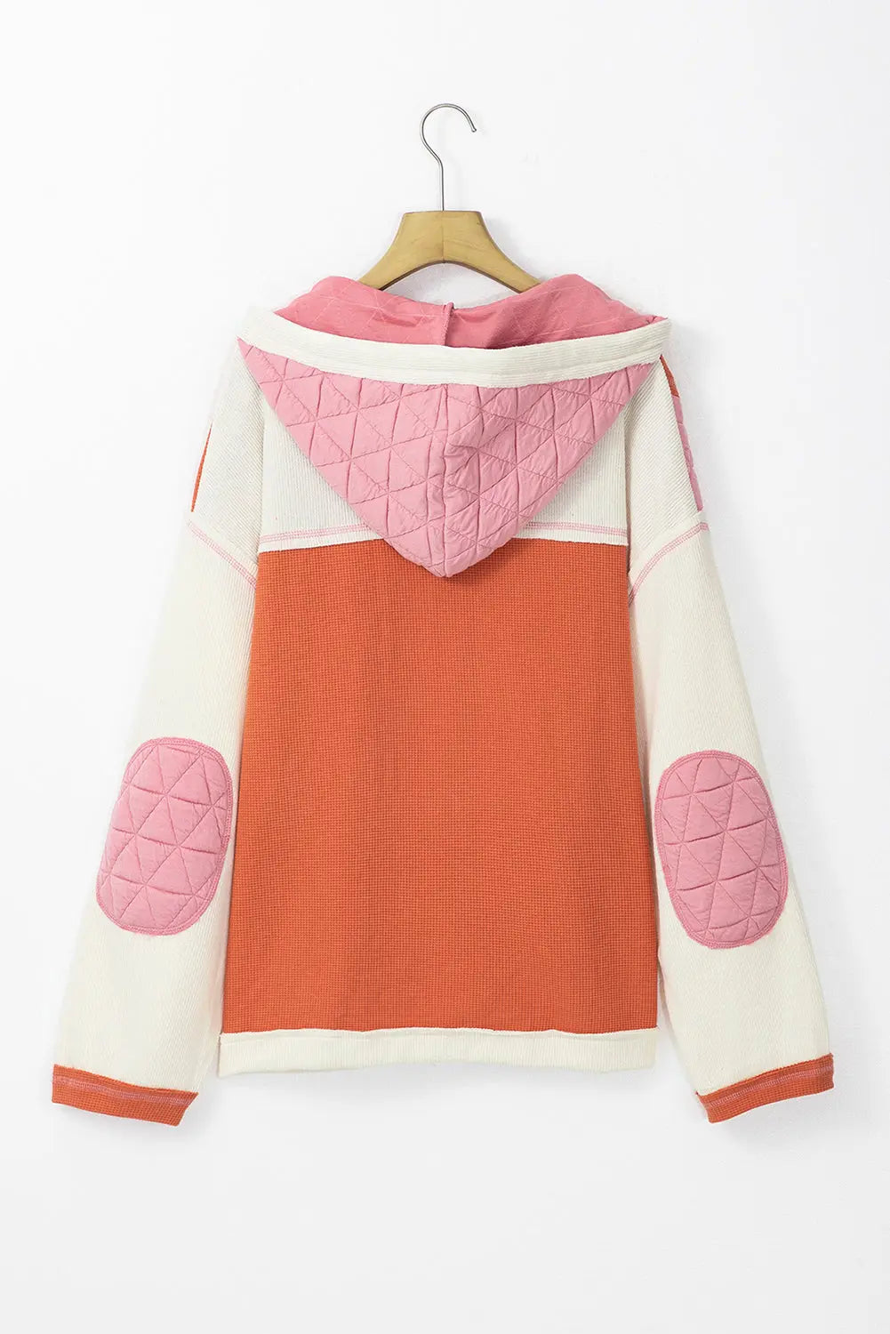 Coral Quilted Textured Patchwork Loose Fit Hooded Jacket - eAura