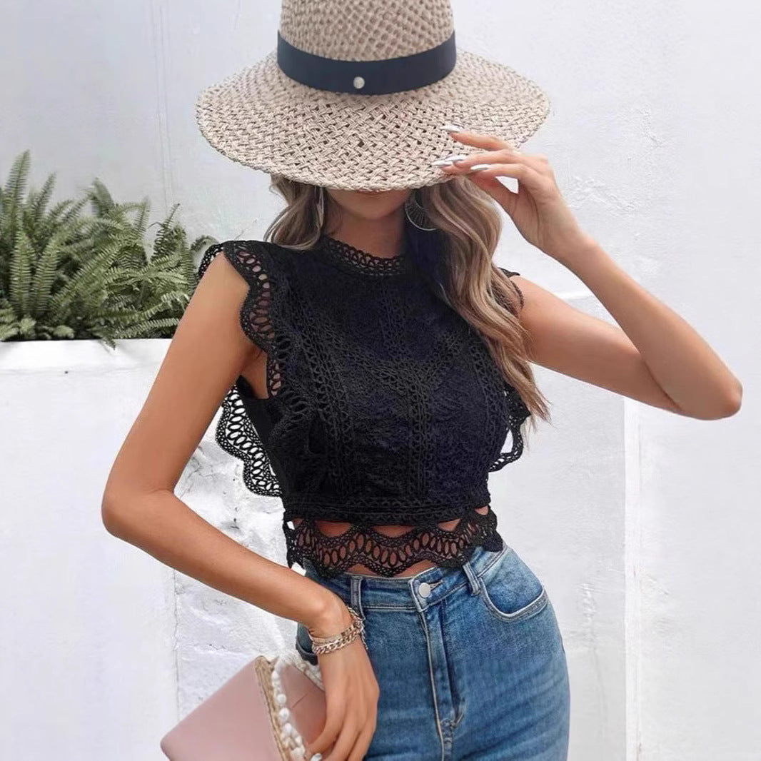Hollowed Out Geometric Pattern Sleeveless Blouse Lace Detail Crop Top eprolo