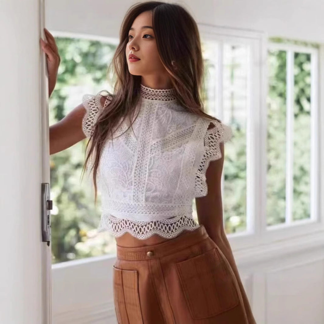 Hollowed Out Geometric Pattern Sleeveless Blouse Lace Detail Crop Top eprolo