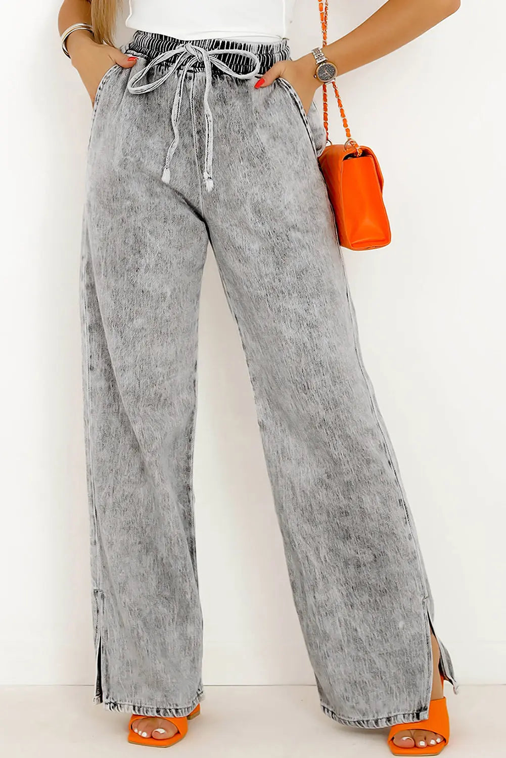 Dark Blue Drawstring Elastic Waist Wide Leg Jeans eAura