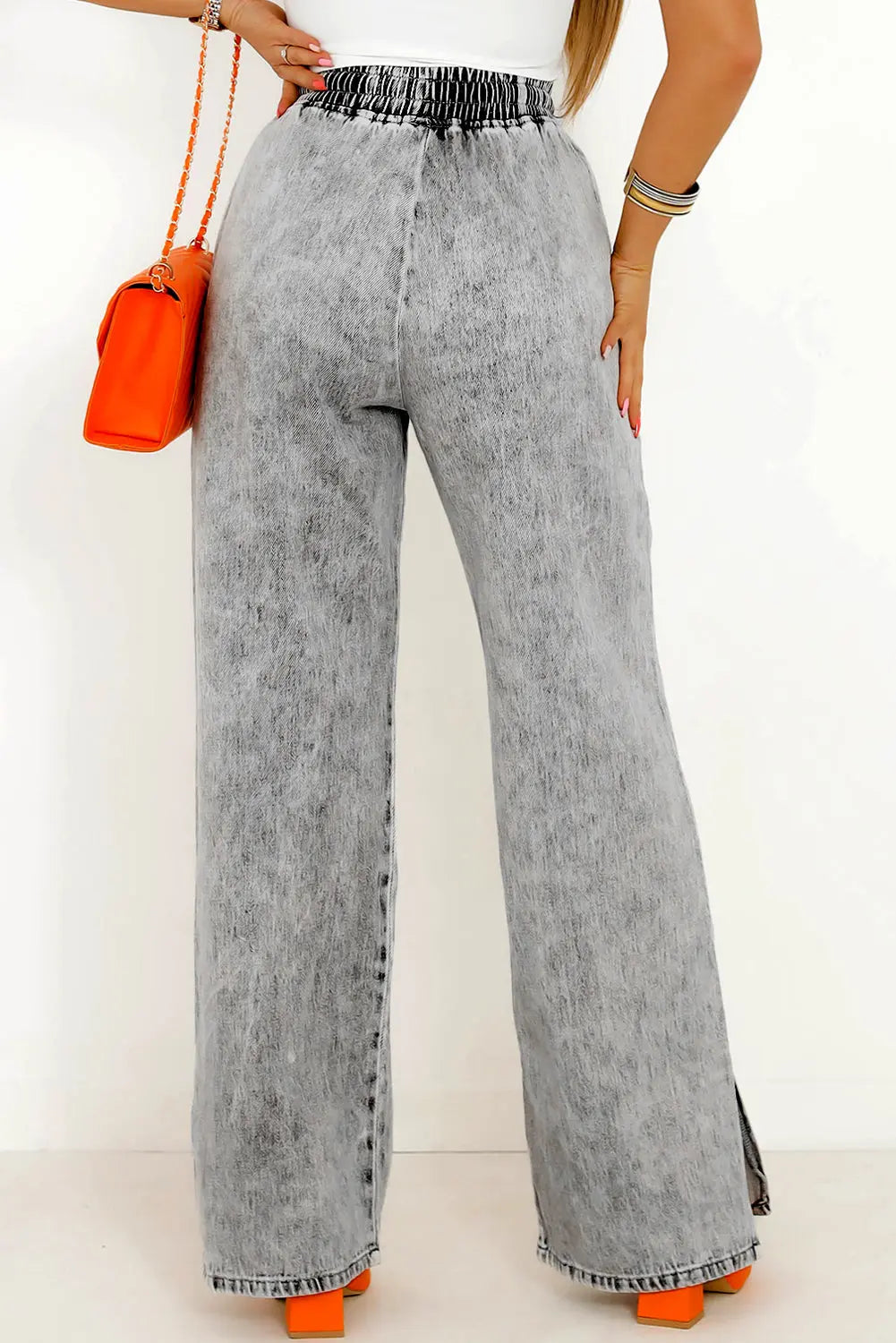 Dark Blue Drawstring Elastic Waist Wide Leg Jeans eAura