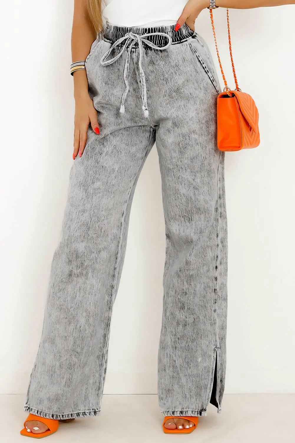 Dark Blue Drawstring Elastic Waist Wide Leg Jeans eAura