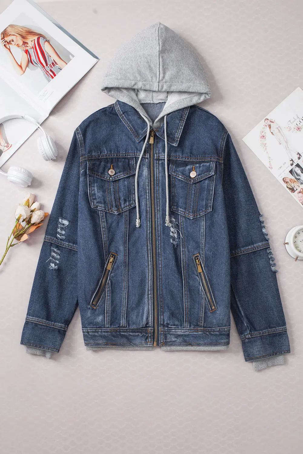 Dark Blue Fake Two-Piece Hooded Zip-Up Denim Jacket - eAura