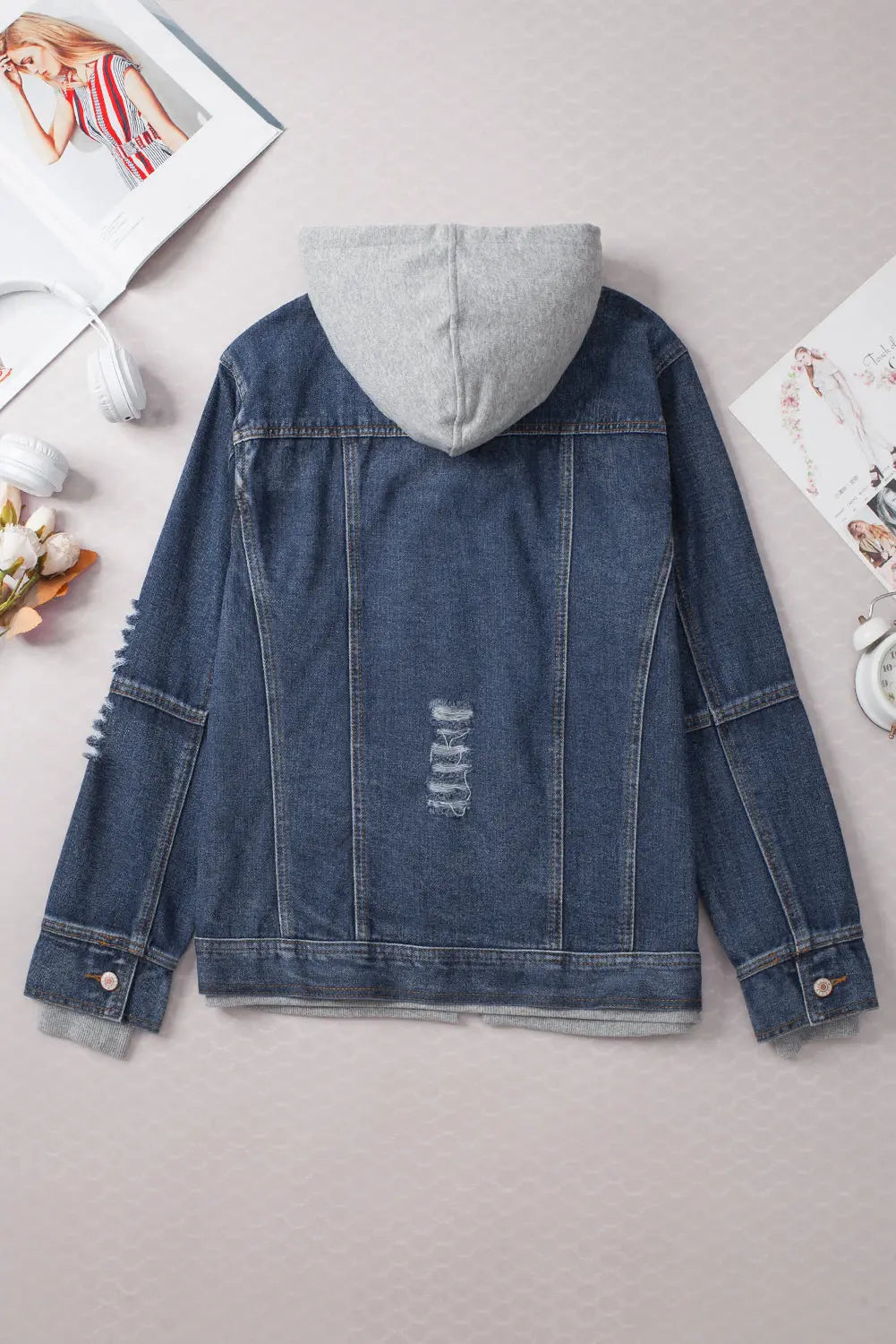 Dark Blue Fake Two-Piece Hooded Zip-Up Denim Jacket - eAura
