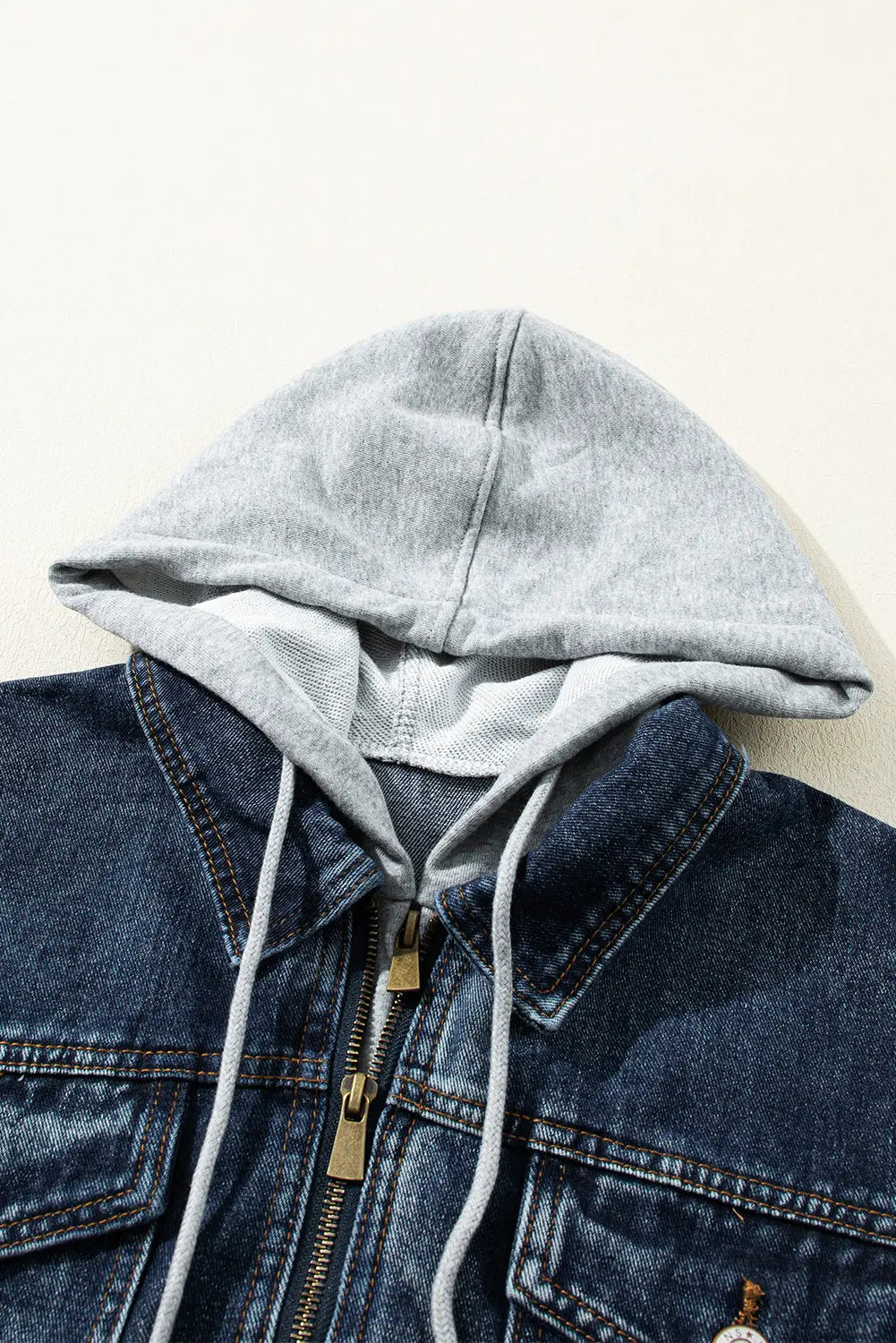 Dark Blue Fake Two-Piece Hooded Zip-Up Denim Jacket - eAura