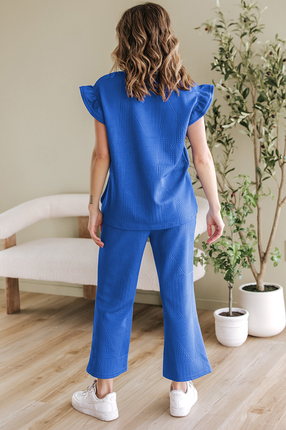Dark Blue Ruffled Sleeve Summer Top and Cropped Loose Trousers Set - Two Piece Sets/Pant Sets
