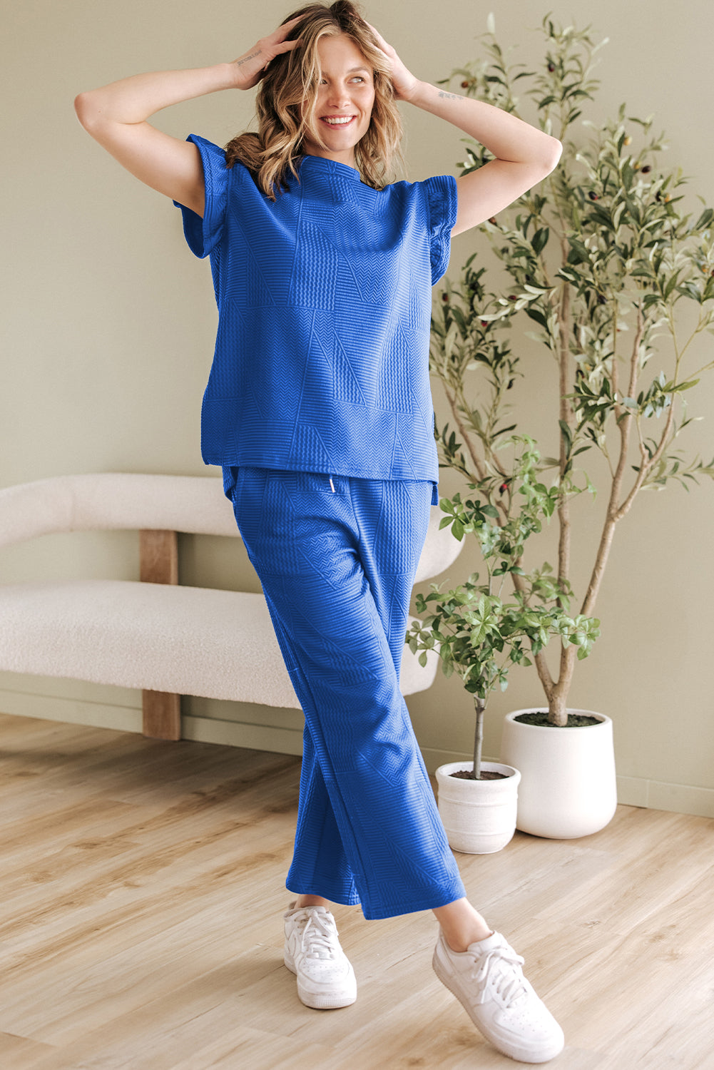 Dark Blue Ruffled Sleeve Summer Top and Cropped Loose Trousers Set - Two Piece Sets/Pant Sets