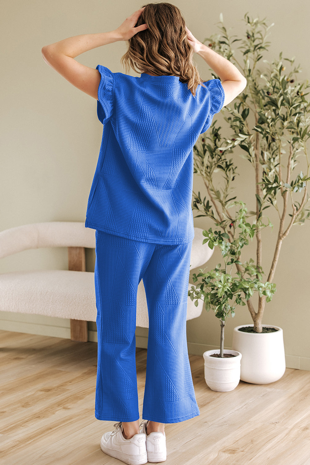 Dark Blue Ruffled Sleeve Summer Top and Cropped Loose Trousers Set - Two Piece Sets/Pant Sets