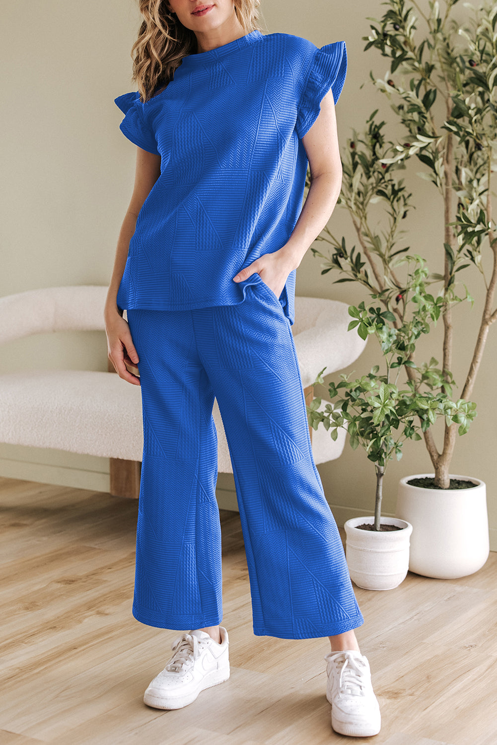 Dark Blue Ruffled Sleeve Summer Top and Cropped Loose Trousers Set - Two Piece Sets/Pant Sets