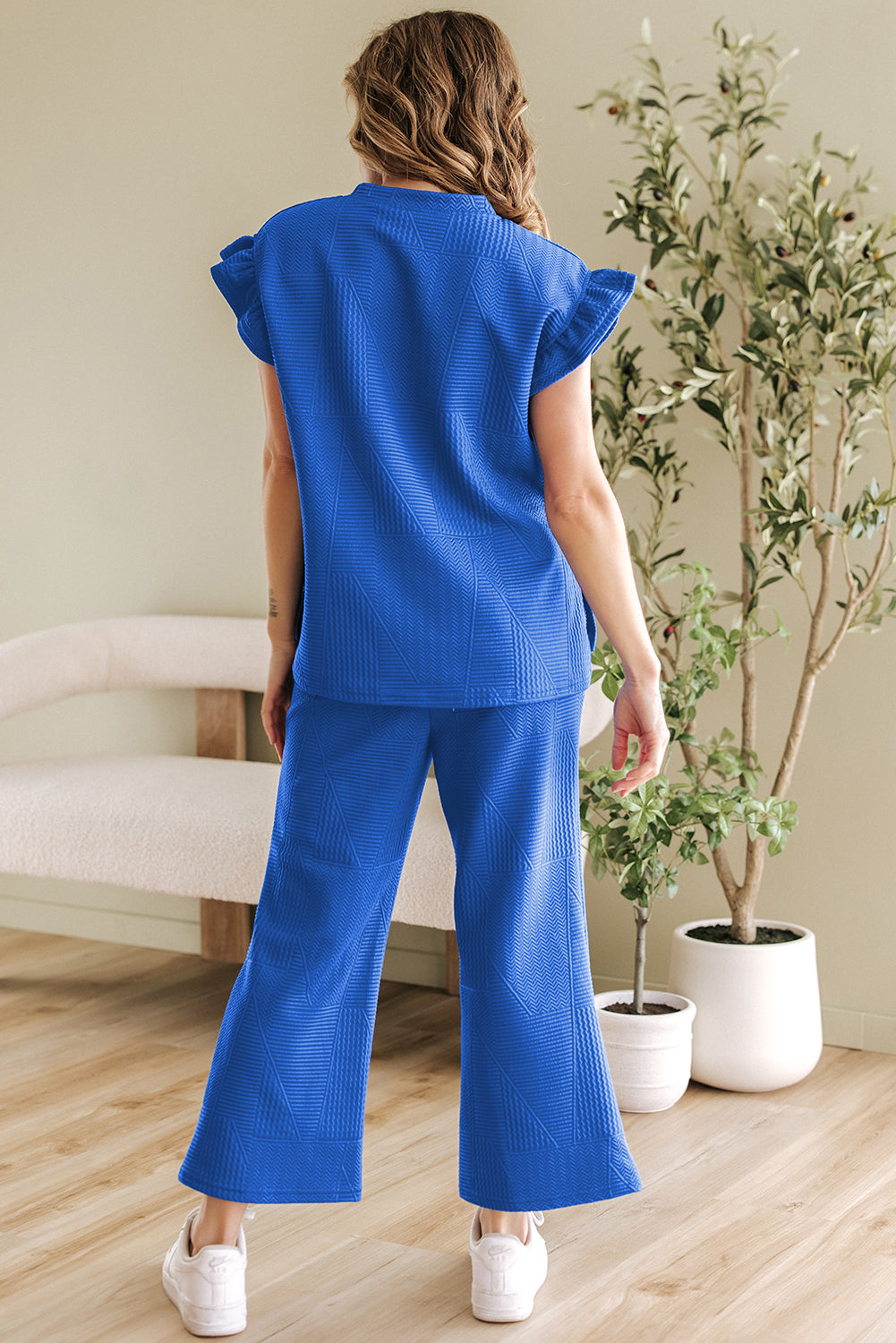 Dark Blue Ruffled Sleeve Summer Top and Cropped Loose Trousers Set - Two Piece Sets/Pant Sets