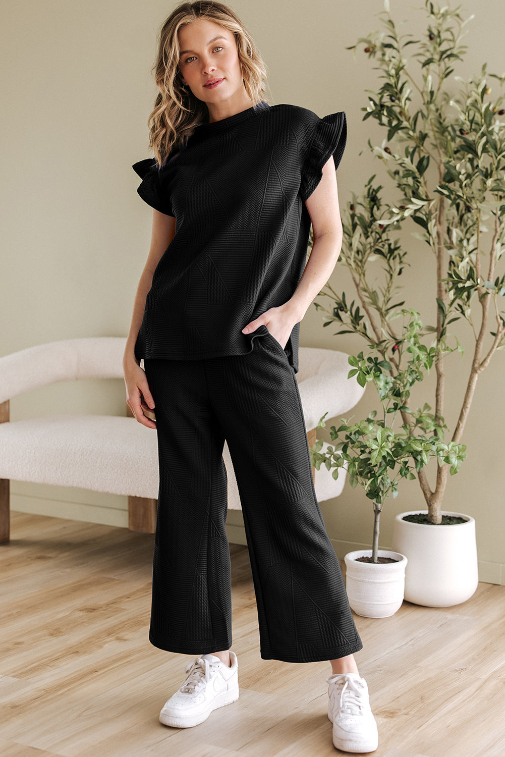 Dark Blue Ruffled Sleeve Summer Top and Cropped Loose Trousers Set - Two Piece Sets/Pant Sets