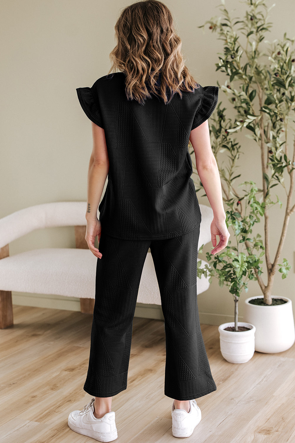 Dark Blue Ruffled Sleeve Summer Top and Cropped Loose Trousers Set - Two Piece Sets/Pant Sets