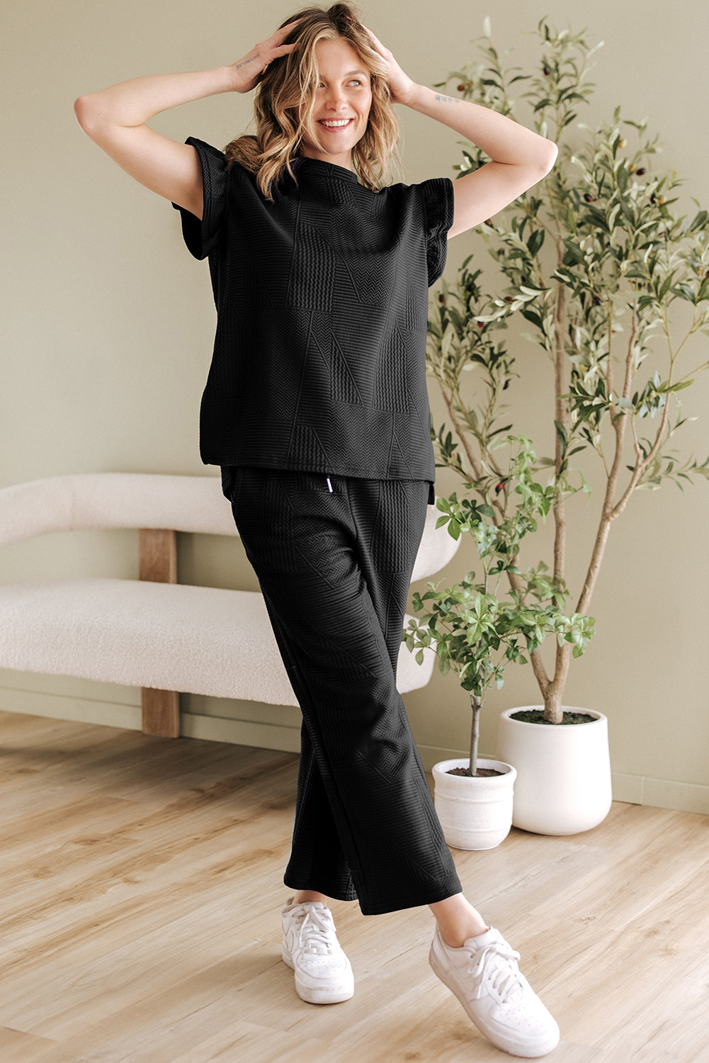 Dark Blue Ruffled Sleeve Summer Top and Cropped Loose Trousers Set - Two Piece Sets/Pant Sets