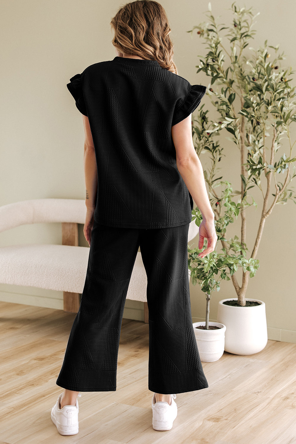 Dark Blue Ruffled Sleeve Summer Top and Cropped Loose Trousers Set - Two Piece Sets/Pant Sets