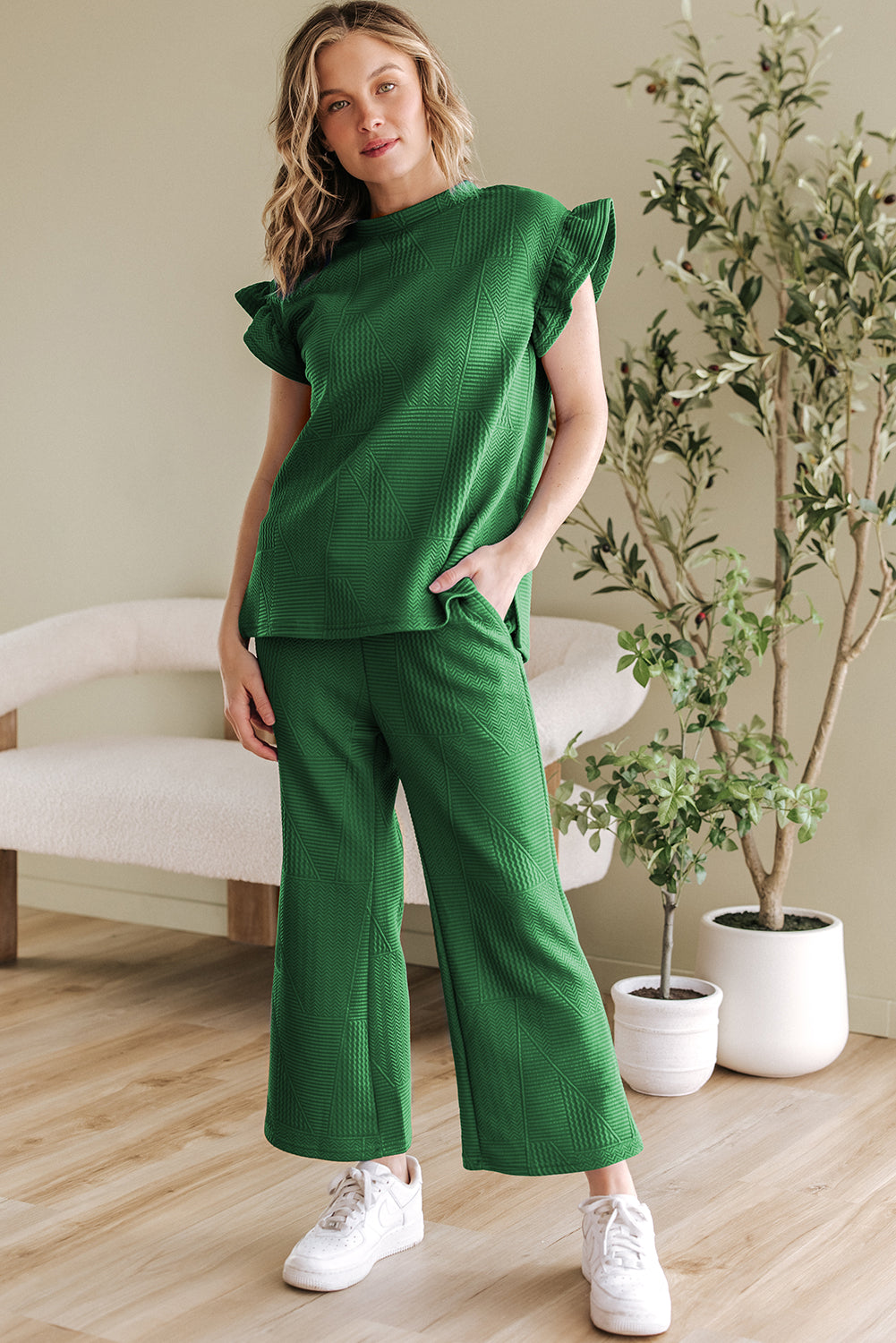 Dark Blue Ruffled Sleeve Summer Top and Cropped Loose Trousers Set - Two Piece Sets/Pant Sets