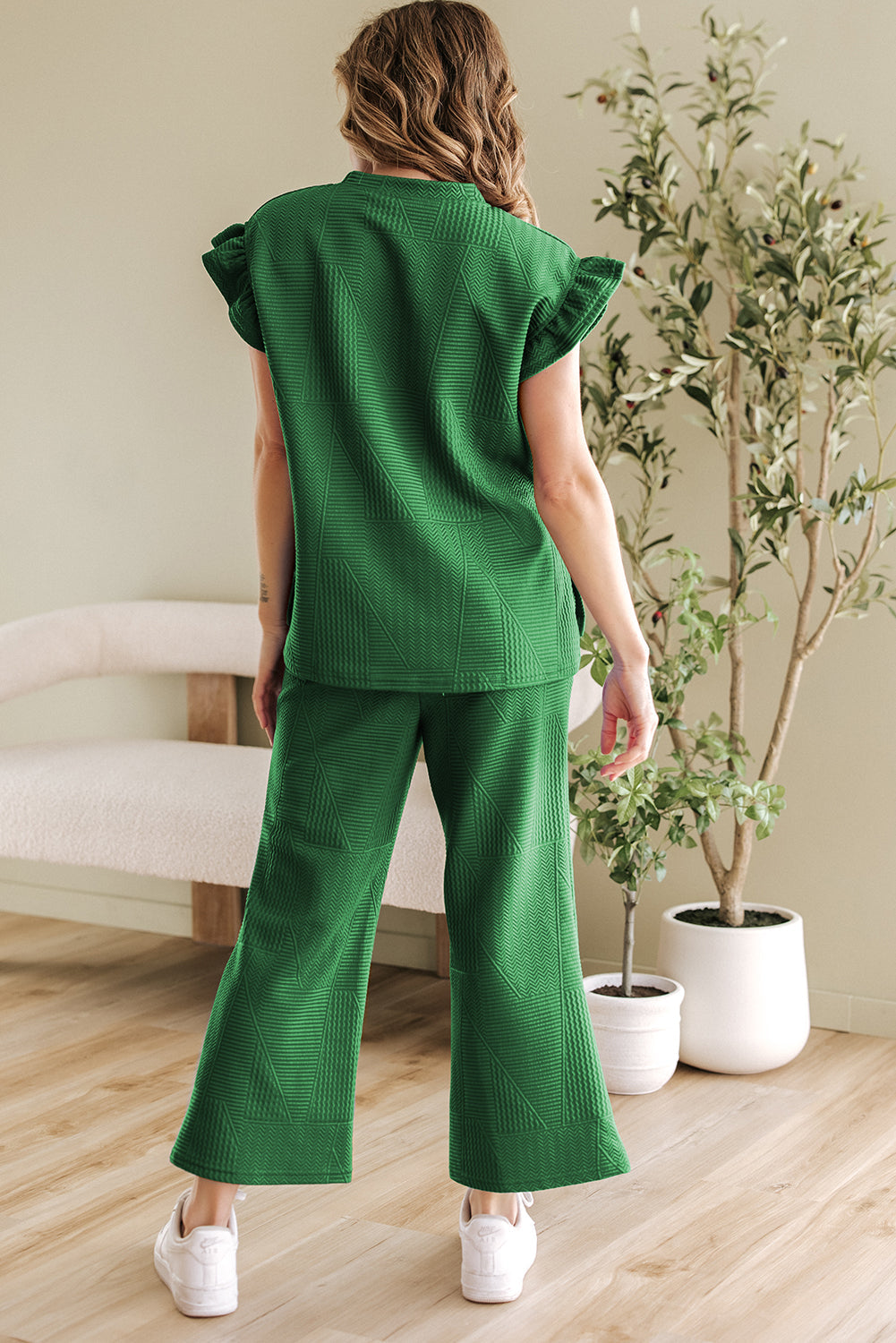 Dark Blue Ruffled Sleeve Summer Top and Cropped Loose Trousers Set - Two Piece Sets/Pant Sets
