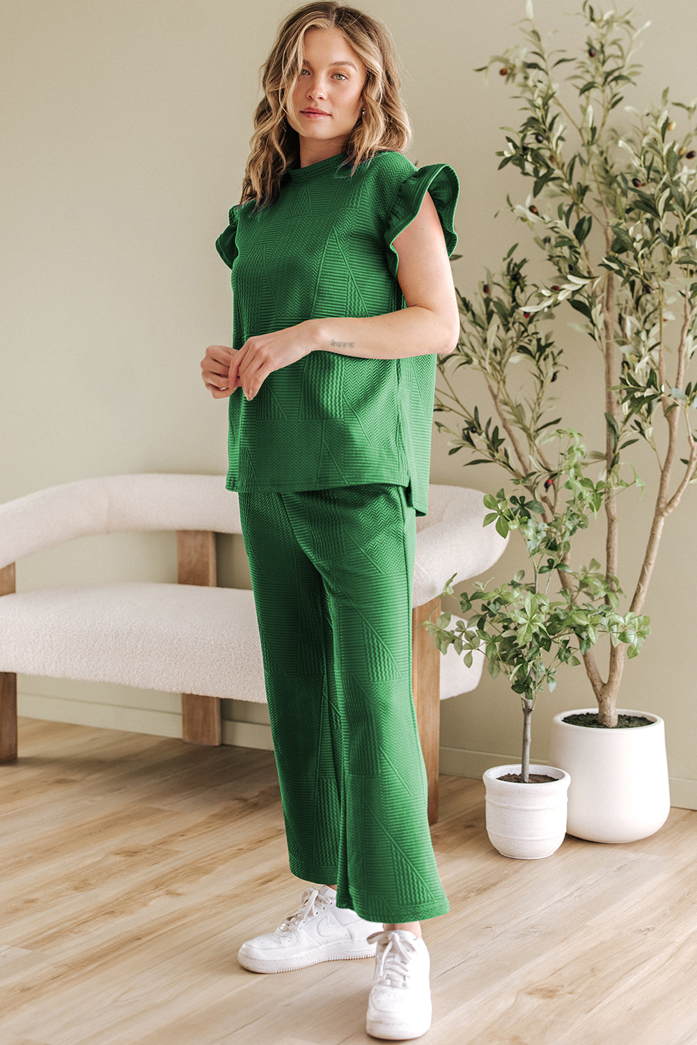 Dark Blue Ruffled Sleeve Summer Top and Cropped Loose Trousers Set - Two Piece Sets/Pant Sets